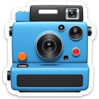 A hand-drawn doodle in a minimalist, cartoon style of a [instant camera]. The object is white with thick, rough, black marker outlines and two small black dot eyes. It is a simple sketch with no realistic textures, centered on a solid [blue] circular background." sticker