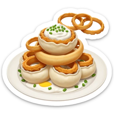 Ukrainian semi-oval dumplings with fried onion rings and sour cream on top sticker