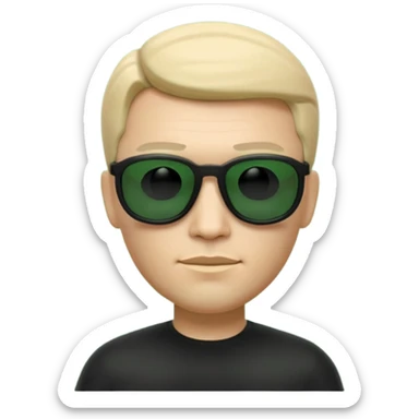 3D memoji-style emoji like Apple Memoji, male character wearing black sunglasses, smooth rounded face, minimalist design, inspired by The Matrix movie, subtle green matrix glow, dark background, cinematic lighting, high quality. sticker