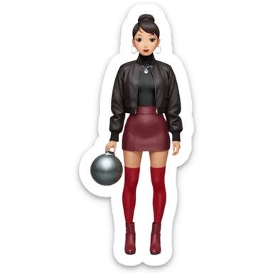 Full-body shot of an East Asian woman with a low sleek bun. Oversized black leather jacket that reaches the hips, black turtleneck, silver orb necklace. Red leather mini skirt, burgundy tights, and red long boots. Clean, fashion-editorial look. sticker