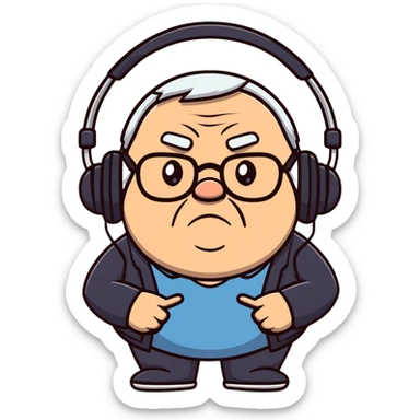 Brown old man with medium white hair, wearing glasses and headphones, looking surprised and angry, no facial hair, chubby, looking to the upper left corner sticker