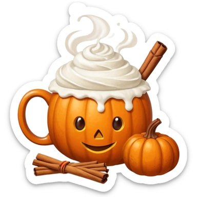 Steaming coffee Mug with whipped Cream and cinnamon Dust on Cream.  Small Punkin and 3 sticks of cinnamon next to mug sticker