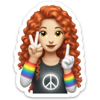 a white girl with long red curly hair in a pony tail with rainbow shirt does peace sign wearing cat ears one black other white sticker