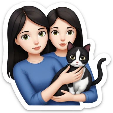 a girl with dark hair holds a black and white cat in her hand and admires it sticker