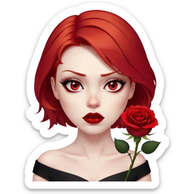 a beautiful very angry woman with red hair and red eyes. The woman wear a black little cutted dress. She have red lipstick and she have a seductive look. She have a rose flower in her hair. Angry face sticker
