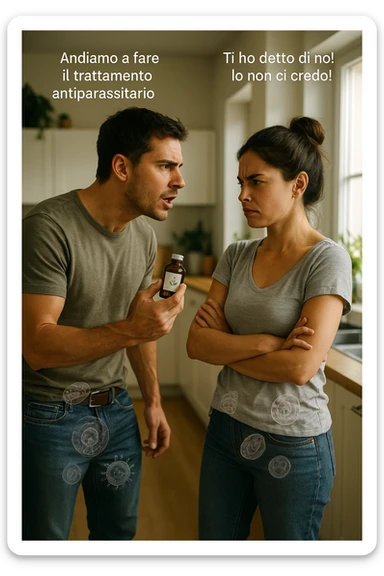 A highly realistic, cinematic photo of a young couple in their early 30s having an argument in a bright modern kitchen. The man, athletic build, wearing a casual T-shirt and jeans, is speaking firmly with a raised hand holding a small amber glass bottle labeled with a subtle herbal symbol, saying 'Andiamo a fare il trattamento antiparassitario' with a determined expression. The woman, with long dark hair tied in a messy bun, casual home outfit, crosses her arms with an angry, defensive expression, replying 'Ti ho detto di no! Io non ci credo!' while slightly turning away. Tension is visible in their body language, with the man leaning forward trying to explain and the woman leaning back, her eyebrows furrowed. Around them, subtle ghostly overlays of microscopic parasites are faintly visible near their abdominal areas, symbolizing the hidden reason for the argument. The kitchen is bright and modern with plants and natural light, contrasting the emotional tension. The style is hyperrealistic with warm tones and shallow depth of field focusing on their facial expressions, illustrating the conflict between belief in natural treatments and skepticism within the couple regarding hidden parasitic infections. in italiano sticker