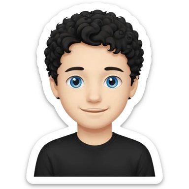 boy, young face like 20 years, blue eyes, medium curly hair black, easy smile, black t-shirt, purple background. sticker