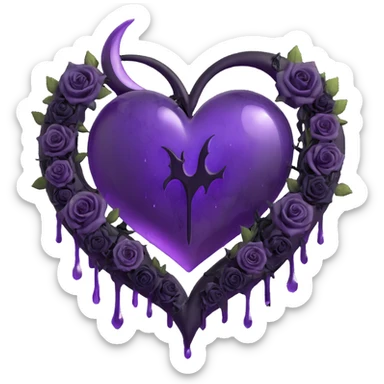gothic heart made of purple glass, crescent moon with dripping effect, black roses forming a heart shape, faint lightning, misty rain, cracked glass with a misty glow sticker