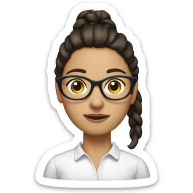 Brunette wearing glasses with ponytail sticker