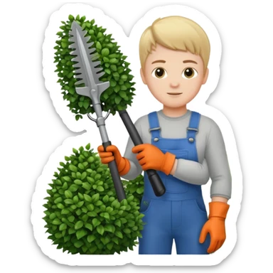 white kid trimming a decorative bush sticker