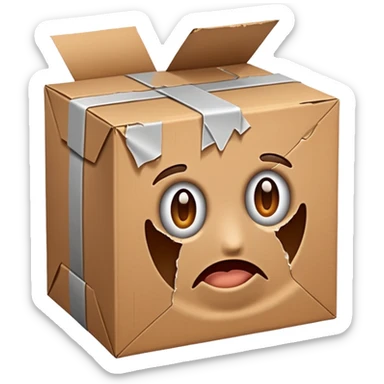 Generate a realistic emoji-style of a package being damaged sticker
