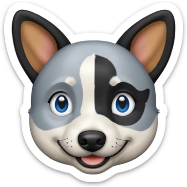 black, grey, and white blue heeler dog, emoji style, head only, smiling, cartoonish features sticker