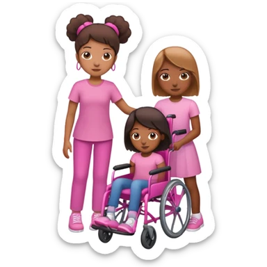 One tan skin sister standing behind her brown skin sister in a pink wheelchair sticker