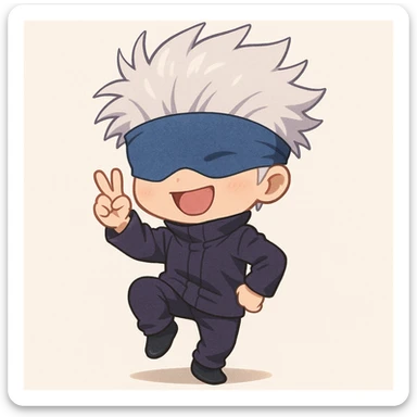 Gojo Satoru, chibi style, white hair, blue blindfold, playful pose, minimal background sticker