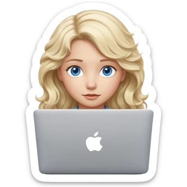 blond girl, blue eyes, hair wavy, , behind her silver colored laptop from apple, she looks straight infront of her, looks a bit taller sticker