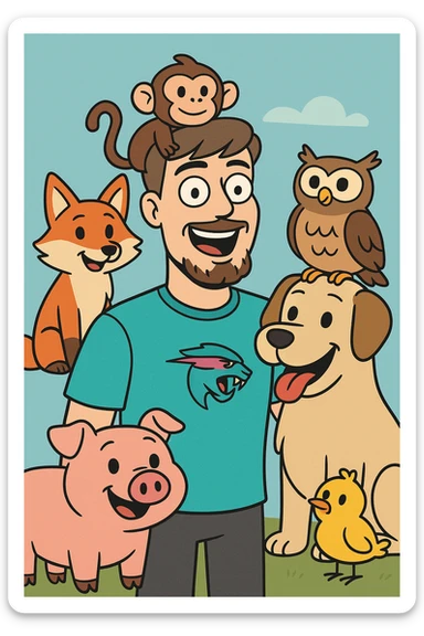 MrBeast with animal friends, surrounded by cartoon animals, friendly and fun, bright colors sticker