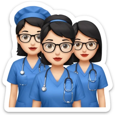Genera un emogis con cuatro enfermeras pelinegra juntas, entre ellas una con lentes y otra con lunar encima del labio sticker