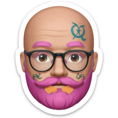 bald man, pink beard, glasses, face tattoos, Apple memoji style sticker