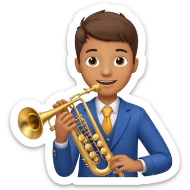 Boy with 4 arms holding a trumpet in one hand and a saxophone in the other with limbs with limbs sticker