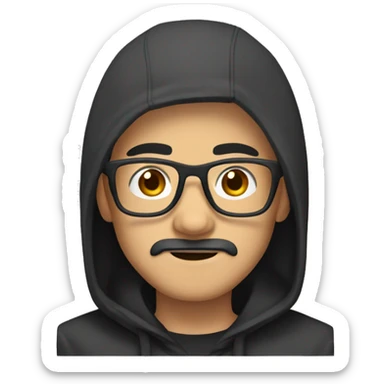 Asian Guy with long black hair and square glasses, mustache and black hoodie sticker