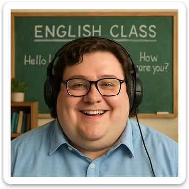 chubby English teacher with wavy brown hair, happy, gamer, online class background, only face sticker