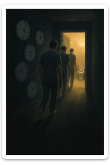 In una scena notturna onirica, un uomo cammina a piedi nudi in un corridoio buio verso un bagno illuminato, ripetutamente. Dietro di lui, come in una scia, ci sono orologi sfocati che simboleggiano il sonno interrotto. Ogni passo è lento, stanco, come se il corpo chiedesse riposo ma la vescica non lo permettesse. sticker