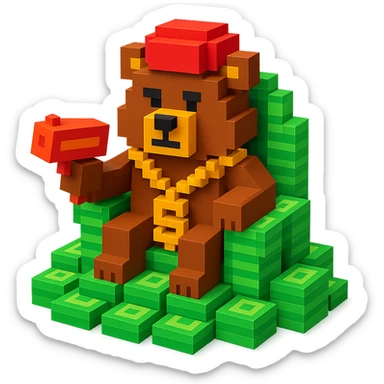 Russian grizzly bear with a rapper chain and a money gun, sitting on a throne of cash sticker