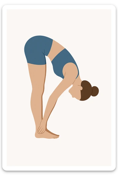 "Minimalist flat vector illustration of a woman doing yoga in forward fold pose (Uttanasana), wearing sportswear (blue top and blue shorts), brown hair in a bun, clean white background, no face details, elegant style" sticker