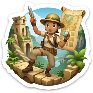 An icon featuring an adventurer in a dynamic action pose with treasure map, ancient ruins and jungle landscapes in the background. The design includes clues, hidden passages and climbing gear, symbolizing the thrill of exploration and discovery. Transparent background. sticker