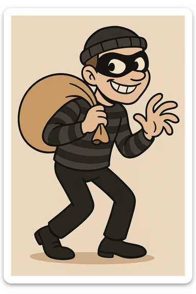 classic burglar with black eye mask, black stripes, and a mischievous grin, cartoon style sticker