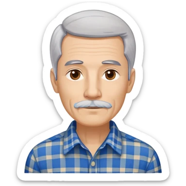Thin older Hispanic man with light complexion. Elongated slim face with wise expression. Relaxed brown eyes. Straight fine gray-white hair with soft fringe. White mustache connected to chin beard. Lean physique. Wearing a beige and blue plaid long-sleeved shirt. sticker