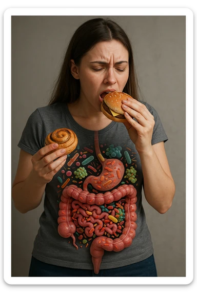 donna con batteri cattivi pieni nel suo intestino immagini realistiche mangia alimentazione ricca di glutine e zuccheri alimentando tutti i batteri cattivi sticker