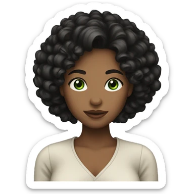 Woman with green eyes and curly black hair and a neutral skin tone sticker