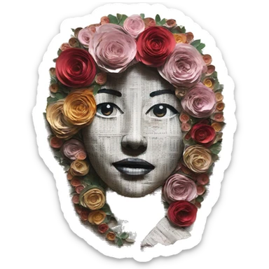 Person face portrait made entirely of newspaper cuttings and roses sticker