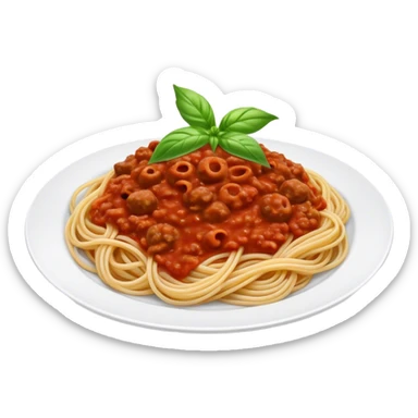 Spaghetti Bolognese on a plate,nice basil on top sticker