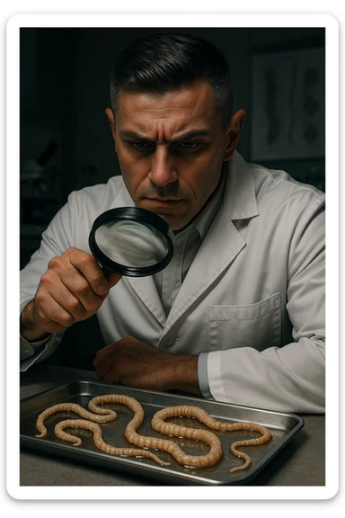 A middle-aged male kinesiologist wearing a pristine white lab coat, intensely analyzing long, beige tapeworms (like Taenia) under a magnifying glass. His expression is focused and slightly concerned, with dramatic studio lighting casting sharp shadows. The parasites are highly detailed, moist, and textured, stretched across a sterile metal tray. The background is blurred but suggests a clinical environment—hints of a microscope, medical charts, and clean lab equipment. The style is hyper-realistic, with a cinematic contrast between the bright white coat and the grotesque, organic forms of the parasites. No sci-fi elements, just raw medical realism with a disturbing edge sticker