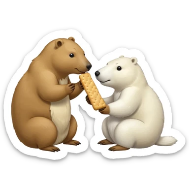 capybara and an snow bear eating biscuits with each other sticker
