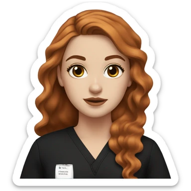 white girl. long wavy auburn hair. Black Scrubs. Makeup sticker