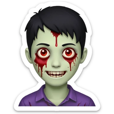 Teen zombie with black hair smiling with blood all over him sticker