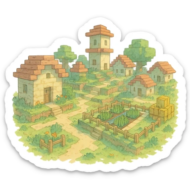 ghibli style Minecraft village with soft colors sticker