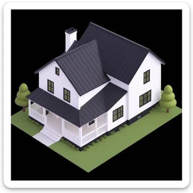 modern farmhouse with white siding, black roof and black trim, isometric exterior view sticker