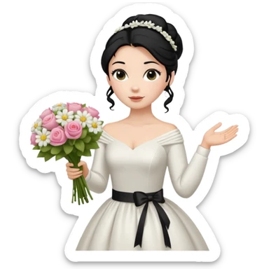 Chica blanca,cuerpo entero, vestido boda ,manga larga ,con estola, pelo negro,    ramo de flores una mano, pelo recogido en moño alto sticker