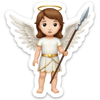Toddler angel with brown hair and a spear sticker
