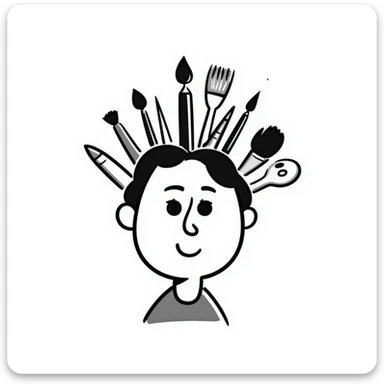 Art tools and brushes forming the shape of a human face, representing artistic identity sticker