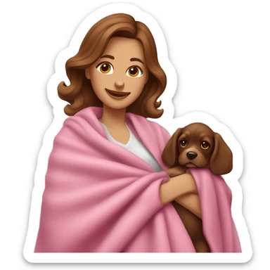 a woman with brown hair is cradling her puppy in a pink baby blanket. the puppy is a cocker spaniel. the woman is smiling with mouth ajar. you can see the woman cradling the puppy like a baby from her waist up.  sticker