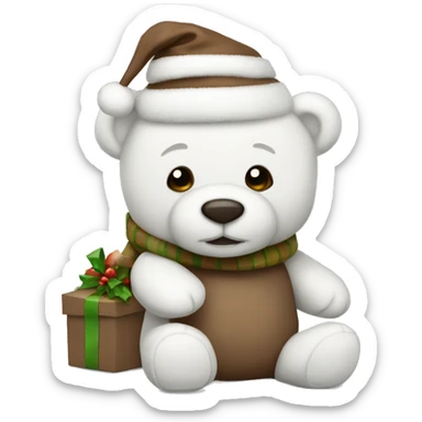 White Christmas teddy bear with brown sticker