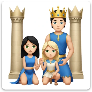 Man as king, standing, black Hair, blue eyes, female Servoamt, blonde, green eyes, shott white sleveless Dress, kneeling, background palace sticker
