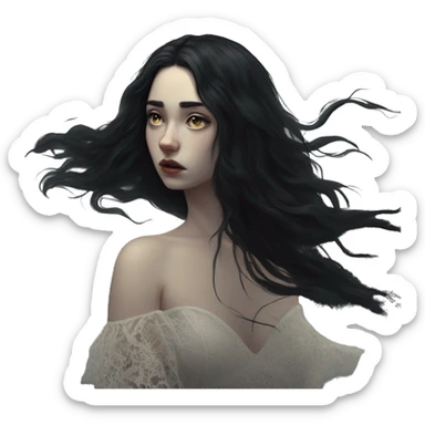 Dramatic girl  very pale with dark lighting  with black hair  in river with very very long lace dress  black long hair flying in the wind sad face  sticker