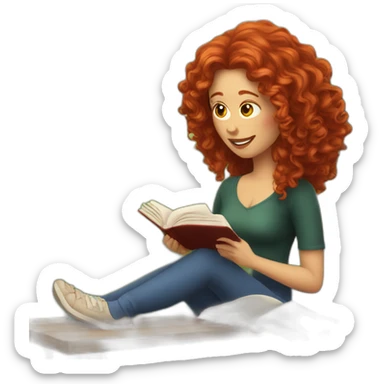 White woman with long curly red hair reading a book with a glass of wine in a park sticker