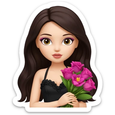 pretty bratz doll with makeup with dark halterneck top, long dark brown hair holding big bouquet of flowers sticker
